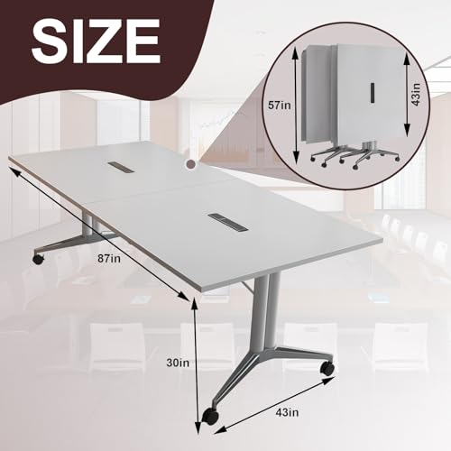 Modern Foldable Retractable Large Conference Table for 8-10 People, Wooden Meeting Table, Designed with Built-in Cable Holes and Foot Brake Pulley for Office Conference Room