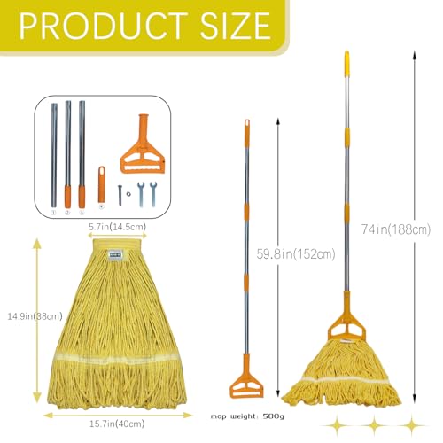 Image of Commercial Cotton Mop Heavy-Duty Industrial with 2 Replacement Heads 152 cm Handle Replacement mop Head (Yellow)