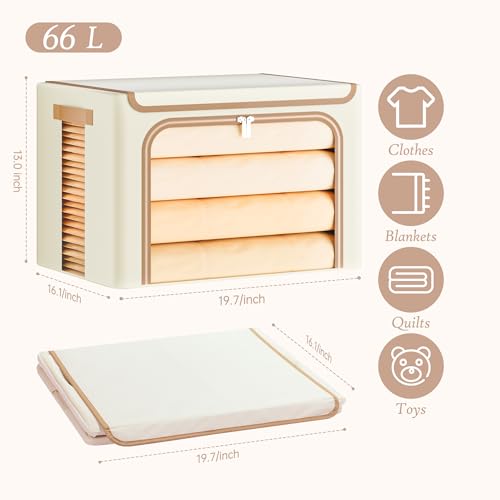 Image of Yecaye Clothes Storage Bins with Metal Frame, Foldable Clothing Storage Bin with Lid, Stackable Oxford Fabric Organizer Box With Clear Window & Zippers & PU Leather Handles (3 Pack,Beige,66L)