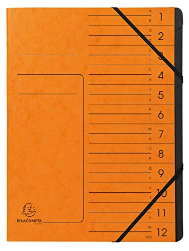 Exacompta 541204E Premium Ordnungsmappe geheftet. Aus extra starkem Colorspan-Karton DIN A4 12 schwarze Fächer und 2 Gummizüge mit Organisationsdruck Ringmappe Register-Mappe orange