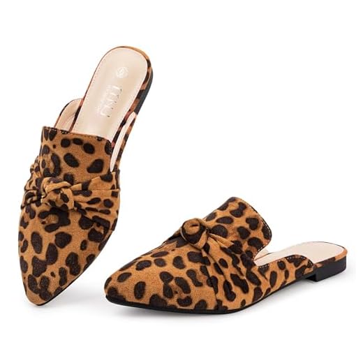 MUSSHOE Mules for Women Flats Comfortable Pointed Toe Slip on Women Mules Flats with Knot,Leopard Microfiber 9