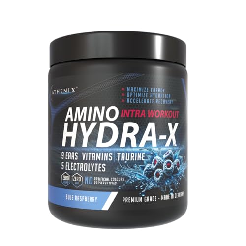 Athenix® Amino Hydra-X Intra-Workout | Blue Raspberry | 9 EAAs + 5 Electrolytes + Vitamins & Taurine | Vegan BCAA + Hydration Powder | 26 Servings | Zero Sugar & Fat | 365g