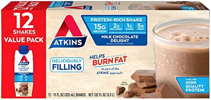 Atkins Gluten Free Protein-Rich Shake, Milk Chocolate Delight, Keto Friendly (Pack of 12), 11 Fl Oz