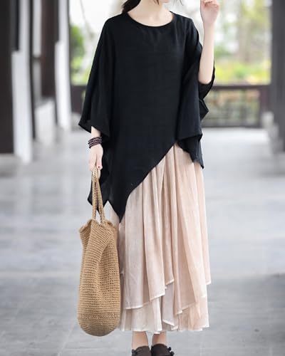 LUZU JUNU Women's Elastic Waist Cotton Layered Flowy Irregular Bohemian Maxi Skirt for Vacation3