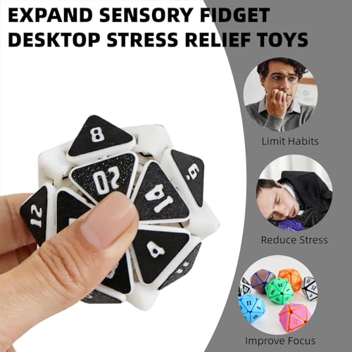 3D Printed Squishy D20 Fidget - Stress Relief Cube for Anxiety & Focus, Satisfying Clicking Sensory Toy for Adults, Perfect for Desk Fidgeting, Gift Idea (White/Black Duo, 1pcs)