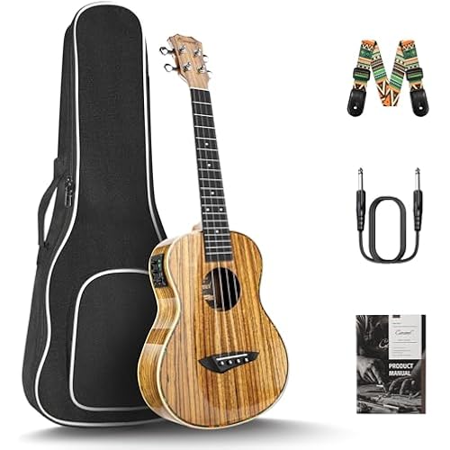 Caramel 26inch CT103 Zebrawood High Gloss Tenor Electric Ukulele Professional Ukelele Kit Beginner Guitar Starter Bundle Strings, Padded Gig Bag, Strap