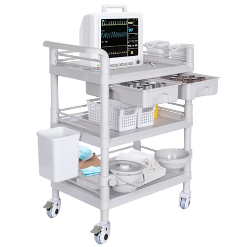 Mobile Medical Carts 3 Tier Professional Utility Cart 330 LBS Max Load Rolling Crash Cart Ultrasound Trolley with Wheels Drawers Dirt Bucket Sharps Box Storage Basket for Hospital Dental Clinic Home