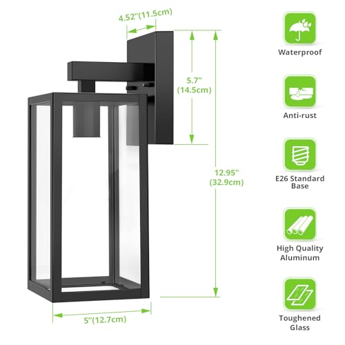 MAXvolador Outdoor Wall Sconce, Exterior Waterproof Wall Lantern Light Fixtures, Black Porch Lights with Toughened Glass Shade, Anti-Rust E26 Socket Front Door Mount Lighting, 2 Pack by MAXvolador - Image 4