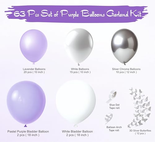 Image of Balloon Garland kit, pack of 63 pcs, Purple and silver chrome balloons with Paper butterfly for party decoratiom, home decoration items