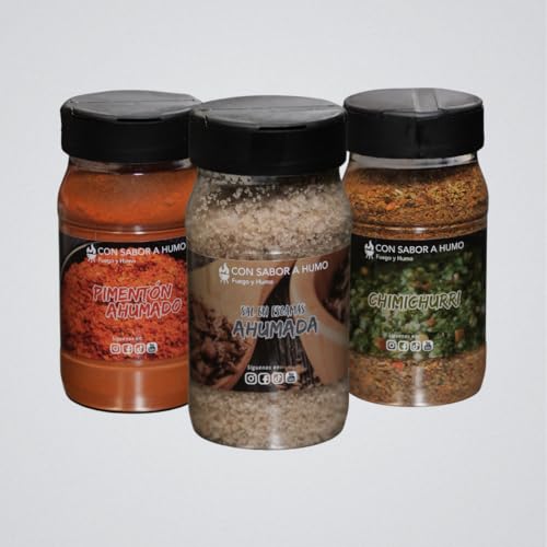 CON SABOR A HUMO Pack Especias Gourmet, Set de 3 Tarros, Sal Ahumada 200g, Pimentón Ahumado 160g, Chimichurri 170g, Condimentos Premium para Carnes y Asados