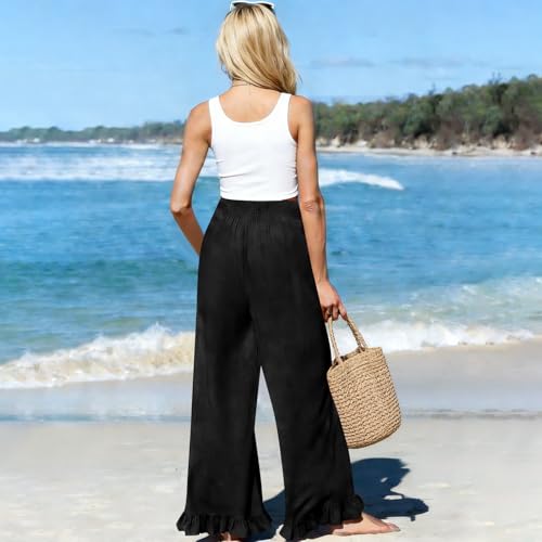 Image of Palazzo Pants for Women Linen Smocked Elastic Waist Ruffle Wide Leg Pants Summer Beach Flowy Boho Pant with Pockets