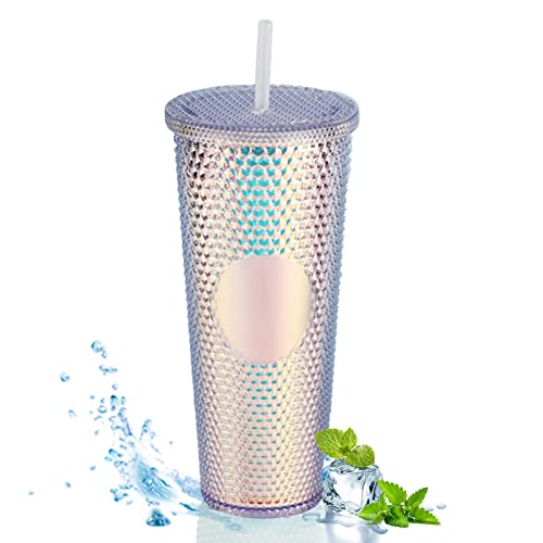 WMLBK Nieten Becher mit Deckel und Strohhalm,710ml Strohbecher Doppelwandige Kaltbecher Wiederverwendbar Plastik Trinkbecher für Saft Kaffee Home Office Wiederverwendbar(Silber)