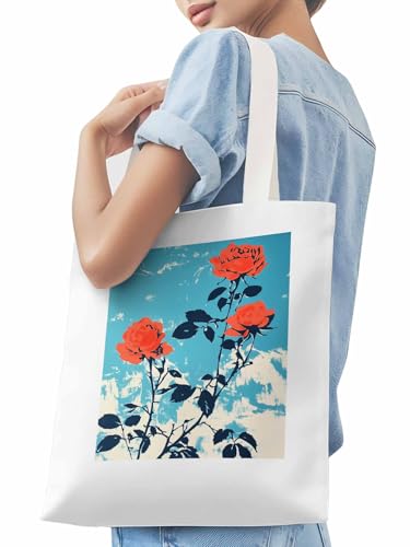 Red Botanical Floral Herbs Canvas Tote Bag, Aesthetic Canvas Tote Handbags for Women Shoulder Bag3