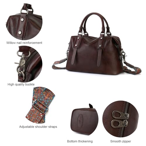 Image of Leather Handbag for Women, Genuine Leather Purses Retro Mandela Crossbody Handbag Tote Bag