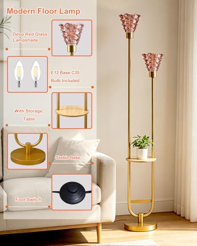 Image of Lightdot Modern Glass Floor Lamp with Shelf 2-Lights Gold Standing Tall Lamps with Pomegranate Red Shell Glass Shade, LED Floor Lamp with Foot Switch for Living Room Bedroom Home Decor