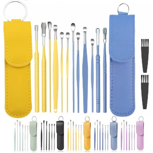 Voitead 14 pcs Ear Pick Earwax Removal Kit, Ear Cleaning Kit, Stainless Steel Ear Wax Removal Tools with Storage Box and Cleaning Brush (Yellow&Blue)