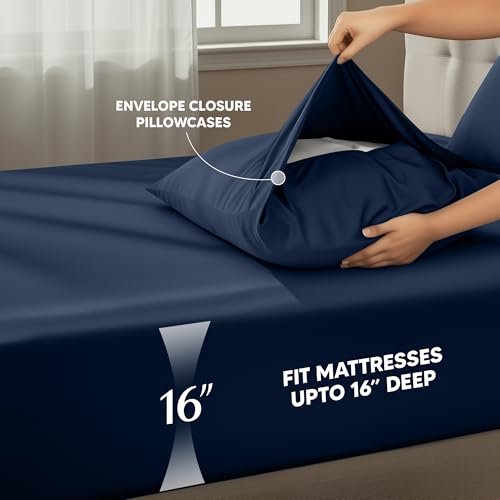Image of Utopia Bedding California King Sheet Set - 4 Piece Bed Sheets for Cal King Size Bed, Soft and Breathable Microfiber, Includes 1 Fitted Sheet, 1 Flat Sheet and 2 Pillowcases (Navy Blue)