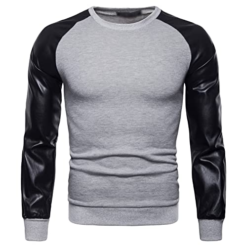 JEsilunmaMY Men's Patchwork Leather Sweatshirt Long Sleeve Round Neck Pullover Tunic Tops Lightweight Casual Sport Jumpers