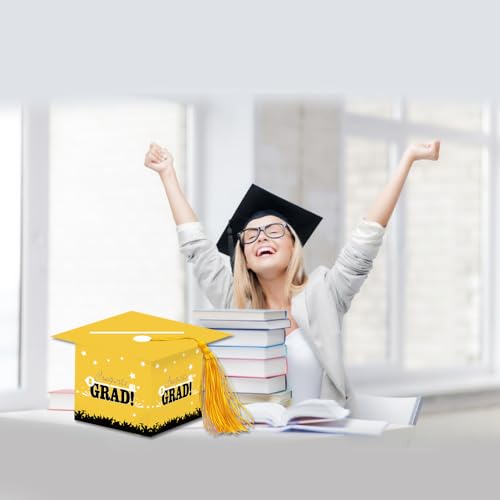 Image of 2026 Graduation Party Card Box, Yellow Gold Congrats Cap Card Holder Box with Tassel for 2026 Graduation Party Decorations
