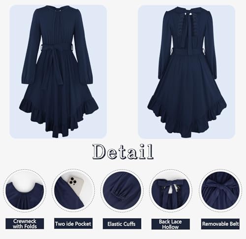 Girls Boho Dress Teen Long Sleeve Lace Backless Tie Back High Low Swing Pocket Dresses with Belt Size 5-16 Years
