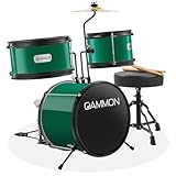 Gammon 3-Piece Junior Drum Set with Throne - Green, Complete Beginner Kit with Bass Drum, Toms, Cymbal, Pedal, and Drumsticks