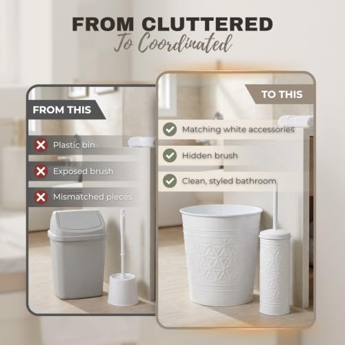 Image of Autumn Alley White Farmhouse Bathroom Trash Can and Toilet Bowl Brush with Holder - White Bathroom Accessories Set for Charming Bathroom Decor