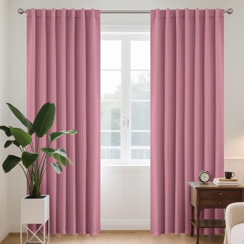 Image of Joydeco Curtains with Concealed Loops, Set of 2, H 200 x W 140 cm, Pink Blackout Opaque Curtain Rod Pocket Curtains, Blackout Curtains, Bedroom, Living Room