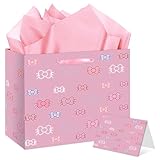 HSKMAKE Kawaii Cartoon Birthday Gift Bag for Girls, Cute Cat Theme Gift Bag with Greeting Card and Tissue Paper for Baby Shower, Birthday Party Decorations Supplies