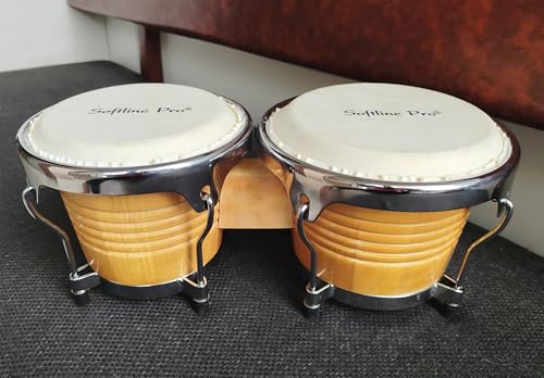 Image of Softline Pro Premium Natural Bongo Drum Set with Padded Bag and Tuning Key /Wrench Professionals Wooden Bongos Drum for Beginner Adults Kids Bongo Drum Percussion Instrument (SP BNG NT-L- SP)