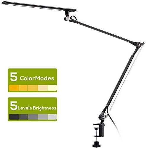 AVAWAY LED Desk Lamp Dimmable Architect Task Lamp with Clamp Office Desk Lamp 5 Color Modes 5 Brightness Levels Touch Control,Workbench,Craft,Black