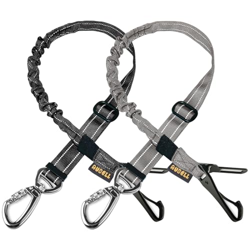 AUBELL Dog Seat Belt for Car,2 Pack Set 3-in-1 Adjustable Reflective Bungee Heavy Duty Dog Car Harness Tether with Clip Hook Latch & Buckle,Swivel Zinc Alloy Carabiner,Black+Grey