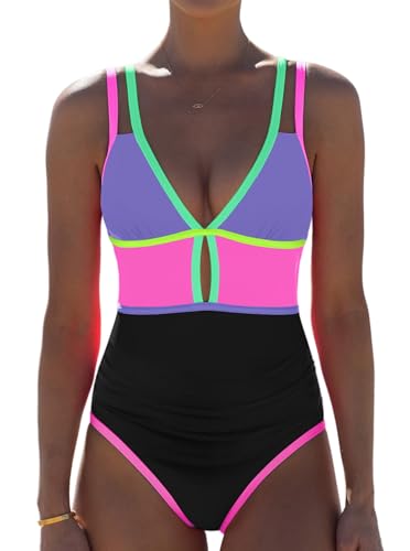 Image of popvil Women One Piece Swimsuit 2026 Tummy Control Sexy Cutout Neon Color Block Bathing Suit Slimming Adjustable Swimwear