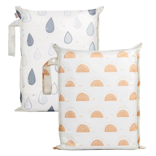 HECCEI Wet Bags 2Pcs Waterproof Wet Dry Bag Reusable Washable Cloth Diaper Swim Nappy Swimsuit Bag with Hook Pouch 13x15 Inch Outdoor Organiser Bag for Baby Items Swimming Beach Gym Pool Travel