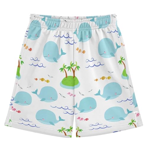 Blue Whales Athletic Shorts with Zipper Pockets, Youth Boys Athletic Running Shorts for Summer