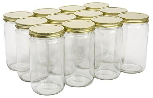 North Mountain Supply 32 Ounce Glass Quart Straight Sided Wide Mouth Canning Jars - with Gold Metal Lids - Case of 12