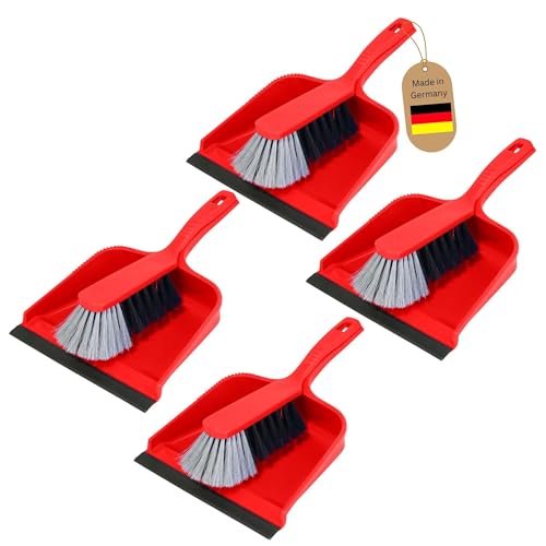 Novaliv 4er Kehrblech Set Kehrblechgarnitur ROT Kunststoff Kehrblechbesen zum Aufkehren Handfeger Kunstborsten PPN Kehrblechset Kehrschaufel 20 cm - geeignet für Camping Feger und Kehrblech