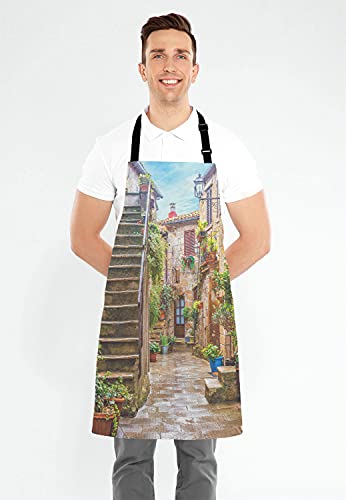 Lefolen Italian City Apron, View Of Old Mediterranean Street With Stone Rock Houses In Italian City Rural Print Adjustable Bib Apron Kitchen Cooking Baking Gardening Apron For Women Men #TOP3