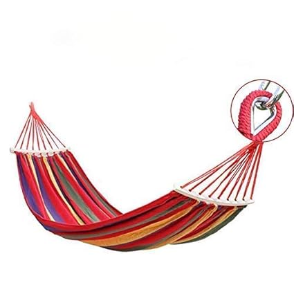 SNAPSHOPECOMPortable Swing Hammock Leisure Hanging Canvas Wooden Red Stripes for Outdoor Garden Patio Camping Beach Travel Sleeping Swing
