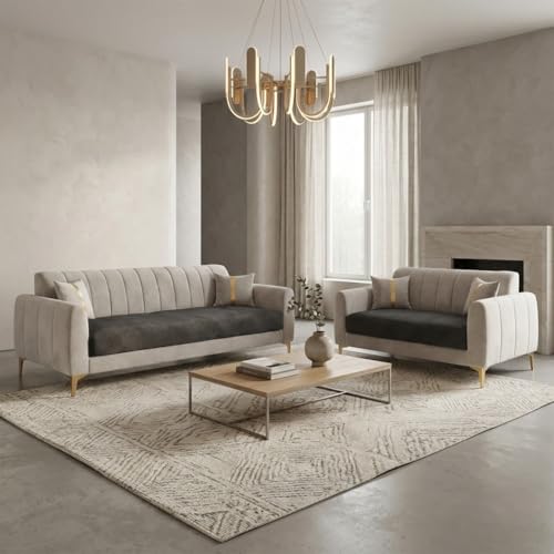 Image of Hermione Luxe Velvet-Suede Fabric 3 Seater + 2 Seater Sofa Set | Golden Legs | Comfortable & Spacious Seating | Modern Sofa Set for Living Room - Dark Gray & Light Gray