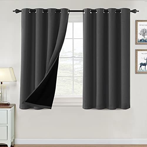 H.VERSAILTEX 100% Blackout Curtains for Bedroom Thermal Insulated Blackout Curtains 45 inch Length Full Light Blocking Window Drapes for Living Room with Black Liner 2 Panels, Charcoal Gray