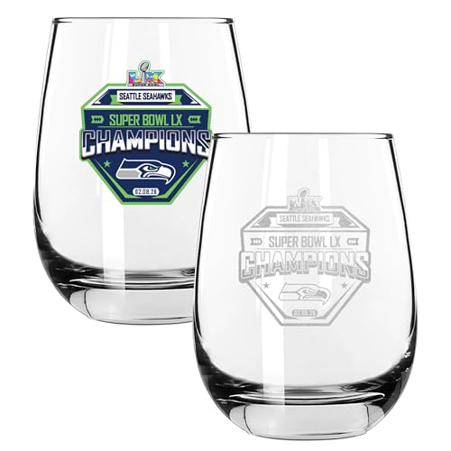The Memory Company Officially Licensed NFL Seattle Seahawks 2026 Super Bowl LX Champions 2-Pack 15oz Stemless Wine Glass Set, Etched