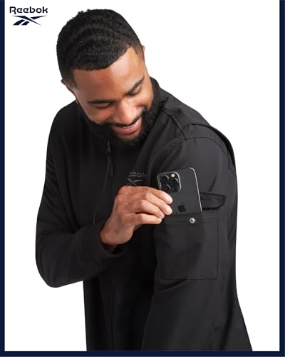 Image of Reebok Mens Rain Jacket - Full Zip Up Lightweight Water Resistant Windbreaker Soft Shell Collar Rain Coat for Men (S-XL)