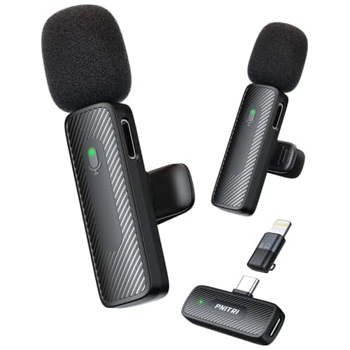Pnitri Upgraded 2Pcs Wireless Lavalier Microphone for iPhone, iPad, Android, USB-C, Mini Lapel Mic with Noise Canceling, Phone Clip-on Microphones for Video Record Interview Podcast Tiktok Vlog
