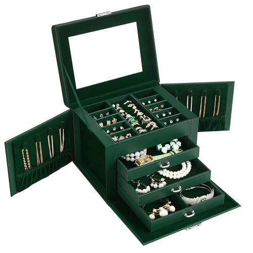 SONGMICS Caja Joyero de 4 Niveles, Caja para Joyas con Asa, 3 Cajones, Espejo, Cerradura, para Viajar, Regalo, Superficie y Forro Verde Bosque JBC159C01