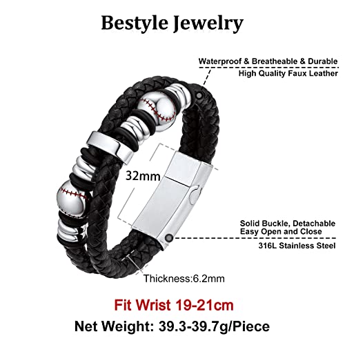 Bestyle Genuine Leather Braided Stainless Steel Baseball Bead Bracelets For Men Boys, Fashion Wirstband Ball Sport Bracelets Mens Sports Jewelry For Baseball Sprots Fan Maior League Baseball Player #TOP5