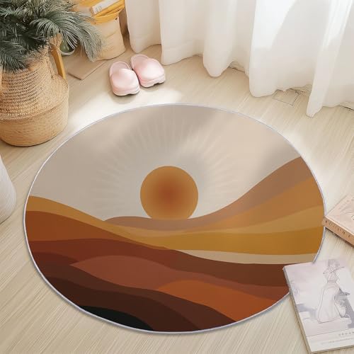 Alfombras Redondas Antideslizante 90 cm, Franela Suave Pelo Corto Alfombra Redonda Minimalismo Bohemio Pintura De Paisajes Imprimir para Dormitorio Sala de Estar Decoración Del Hogar, Marrón Claro