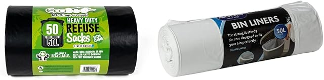 EcoBag 50 Heavy Duty Refuse Sacks 50L, Black, 1200 Rim X 800 L & Addis 518024 Kitchen Waste Bin Liners, White, 50 Litre