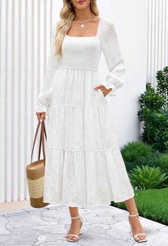 MEROKEETY Women's Fall Long Sleeve Floral Midi Dress Smocked Ruffle Tiered Square Neck Wedding Guest Dresses Pockets4
