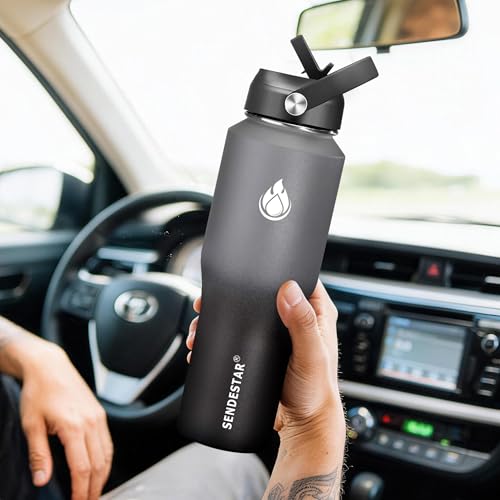 Image of SENDESTAR Water Bottle 32oz,2 Lids(Straw lid),Wide Mouth Stainless Steel Vacuum Insulated Double Wall Keep Liquids Cold or Hot All Day,Sweat Proof Sport Design,Fit Car Cup Holder(Gray&Black)