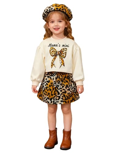 ACSUSS Girls Leopard Print Skirt Set Toddler Girl 3-Piece Bow Outfit with Beret Fashion Streetwear Brown 2-3 Years